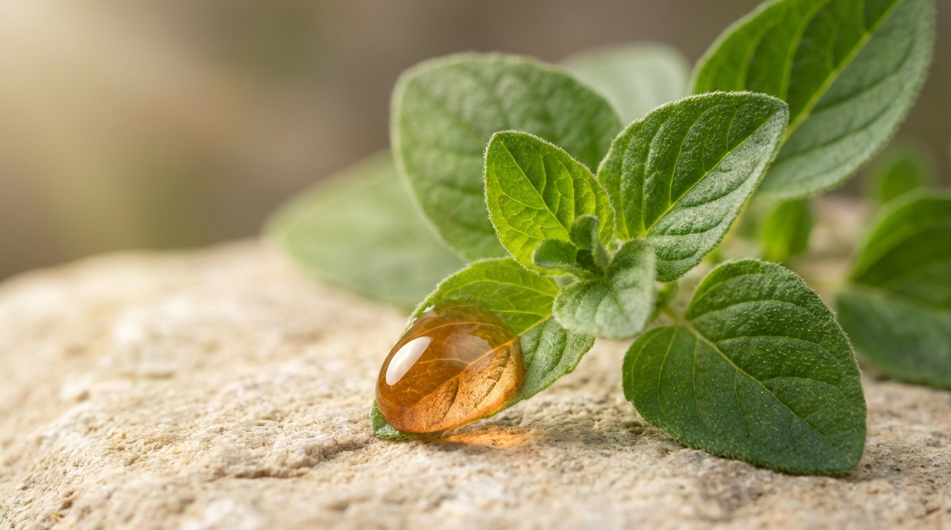 karwakrol w olejku z oregano – świeże liście oregano i kropla olejku